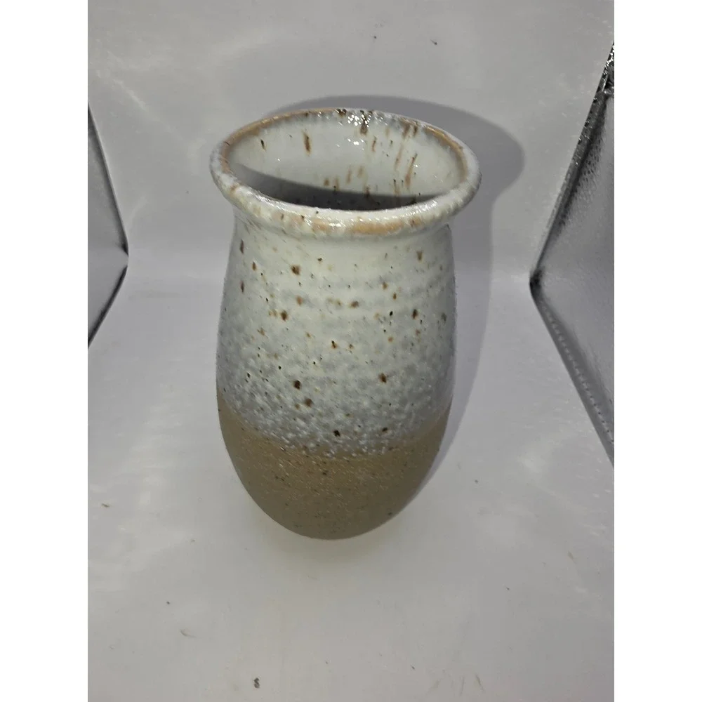 Handmade Studio Pottery Stoneware Vase Speckled White Brown Reactive Glaze 6.5